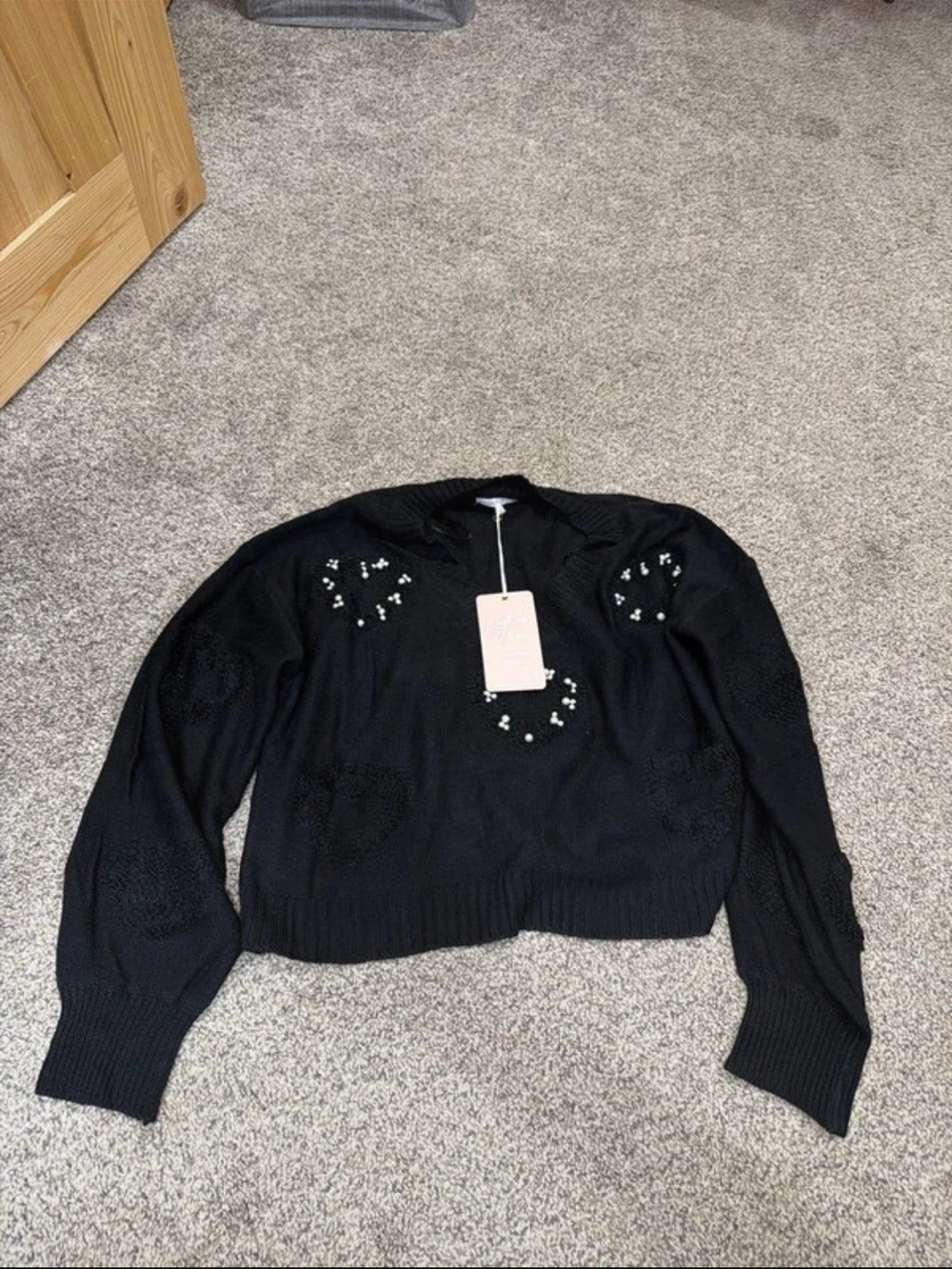 Love Tree Black Crewneck Sweater with Subtle Beading